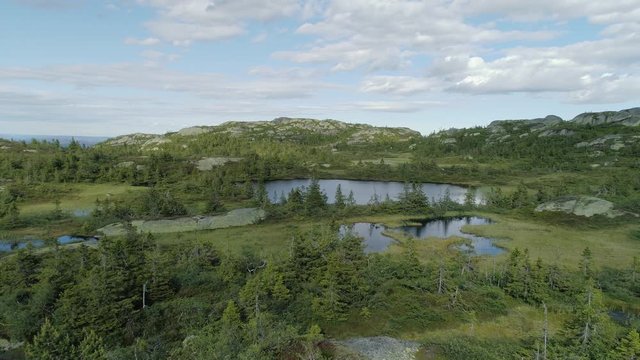 aerial view of a lush green mountain plateau with several small lakes on a sunny day