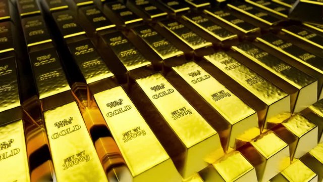 Close-up shot of stacks of gold bars 1000 grams, 3d rendering motion looping concepts of success in business and finance.