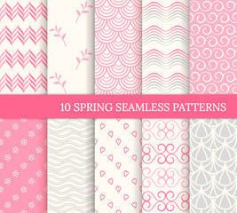 Ten spring seamless patterns. Romantic pink backgrounds for Valentine's or Mother's day. Endless texture for wallpaper, web page, wrapping paper. Retro style. Waves, flowers, curves, hearts, tiles