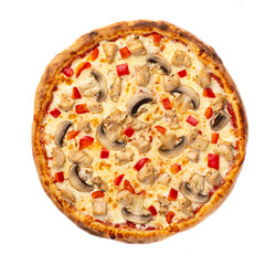 Pizza with different toppings on a white background top view