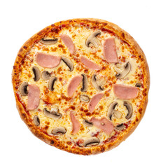 Pizza with different toppings on a white background top view