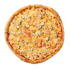 Pizza with different toppings on a white background top view