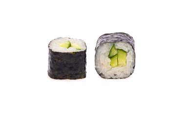 sushi and rolls with different toppings in two pieces close-up on a white background