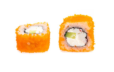 sushi and rolls with different toppings in two pieces close-up on a white background