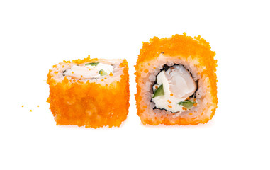 sushi and rolls with different toppings in two pieces close-up on a white background