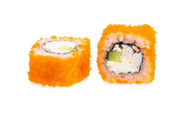 sushi and rolls with different toppings in two pieces close-up on a white background