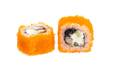 sushi and rolls with different toppings in two pieces close-up on a white background