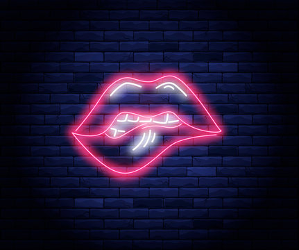 Female pink lips neon vector illustration.