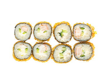 sushi and rolls with different toppings in eight pieces close-up on a white background top view