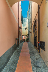 View on a narrow street through a gate, on a medium-sized village in Italy. The street with its pink colored house