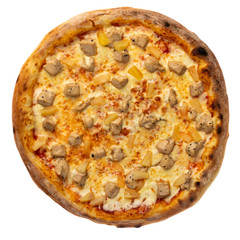 Pizza with different toppings on a white background top view