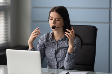 Woman wearing headset provide technical support working at customer service center