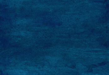 Watercolor dark blue background painting texture. Old dirty blue color hand painted watercolour backdrop. Stains on paper.