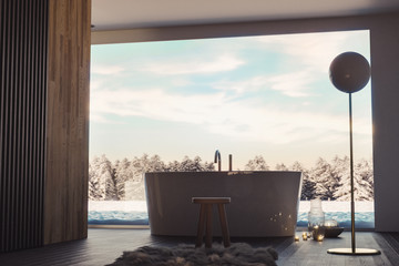 3d rendering of freestanding bathtub with big viewing window and a winter landscape