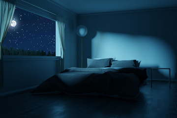 3d rendering of bedroom with made bed in the full moon night © Brilliant Eye
