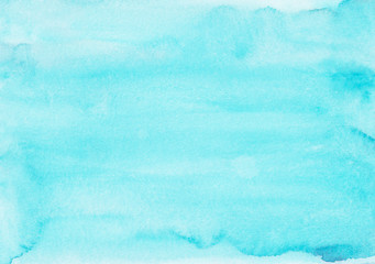 Watercolor light cyan blue background painting. Watercolour bright sky blue stains on paper. Artistic liquid backdrop.