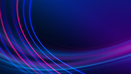 Dark blue abstract background with ultraviolet neon glow, blurry light lines, waves