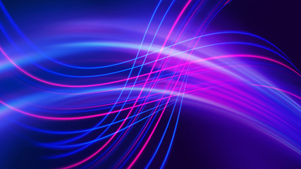 Dark blue abstract background with ultraviolet neon glow, blurry light lines, waves