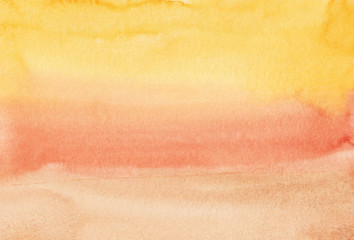 Watercolor light yellow, orange and peach gradient background painting texture. Multicolored watercolour bright soft backdrop, stains on paper.