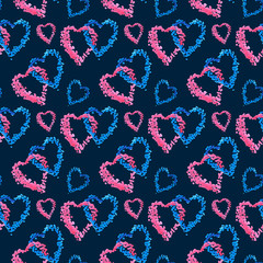 Watercolor cute seamless pattern for Valentine's day with colorful silhouettes of hearts. Hand drawing. For printing on fabric, Wallpaper, clothing, paper, invitations, greetings.
