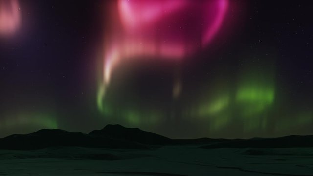 Animation of spectacular Bright realistic Aurora Borealis landscape. Time lapse clip of Polar Light or Northern Light in the night sky. Blue, pink and green colors. Motion of starry sky on background