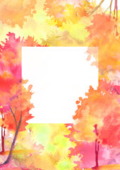 Naklejka na ściany i meble Watercolor autumn trees of yellow, red, orange color. Autumn forest. Watercolor art background with capacitance for your lettering or text. Beautiful splash of paint. Abstract creative background.