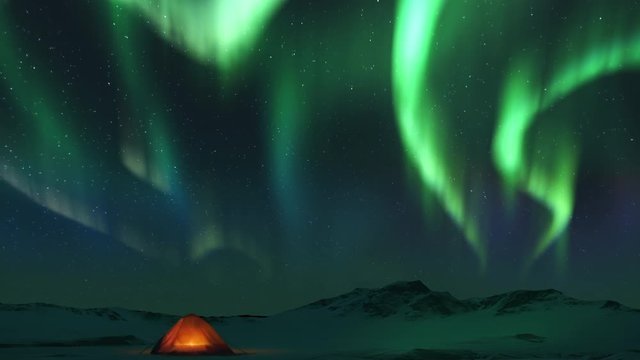 Animation of spectacular realistic Bright Aurora Borealis landscape. Touristic tent in the mountains. Time lapse clip of Polar Light or Northern Light in night sky. Dynamic stars motion on background
