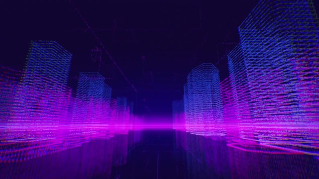 Seamless loop abstract cyberspace background with city hologram. Digital buildings with particle connections of network. Technology holographic sci-fi concept. Camera flies through the neon city