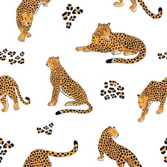 Vector seamless pattern with leopards on the white background.