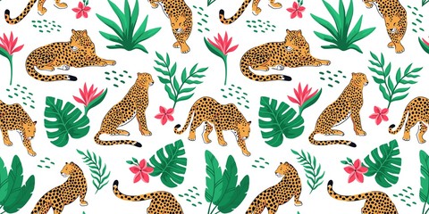 Vector seamless pattern with leopards and tropical leaves on the white background. Trendy design for paper, cover, fabric, and others. © jenny on the moon