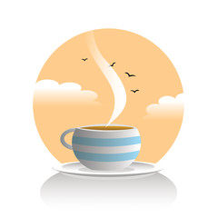 Cup of steaming hot coffee or tea on a saucer with morning sky and birds in background isolated on white illustration.