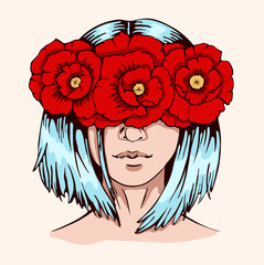 Hand drawn beautiful girl with poppies on her eyes. Vector isolated colourful illustration.