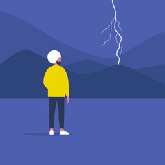 Thunderstorm, weather and nature. Young indian male character looking at the lightning, flat vector illustration