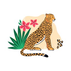 Leopard with tropical exotic leaves, and flowers. Colorful vector illustration.