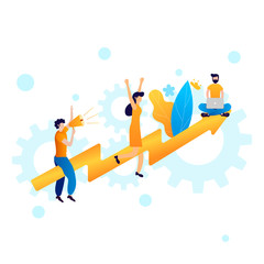 Vector illustration, people, group of people characters perform teamwork, advance towards their goal, analyze business results. Motivation, steps to the goal, business