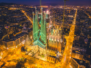 La Sagrada Familia in night - cathedral designed by Antoni Gaudi, which is being build since 1882 and is not finished yet February 14, 2019, in Barcelona, Spain.