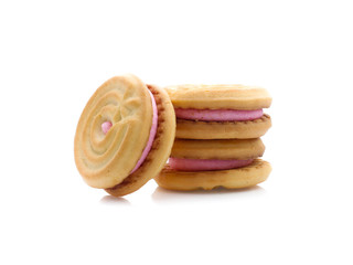 sandwich cookies with strawberry cream on white background