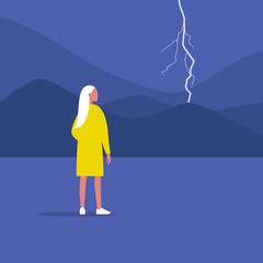 Thunderstorm, weather and nature. Young female character looking at the lightning, flat vector illustration