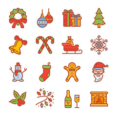 Set of Christmas and New Year color outline icons. Vector illustration.