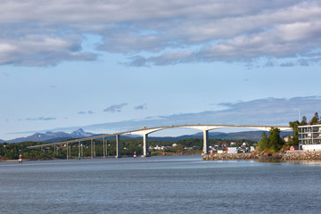 Beautiful bridge at summer day in Lofoten islands, Norway. Nordic scenery