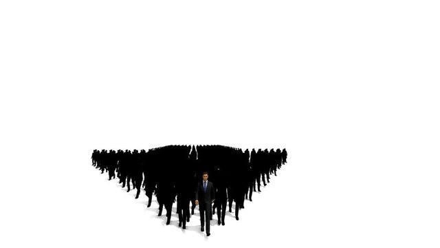 Businessmen crowd forming arrow shape pointing right, 4K, against white