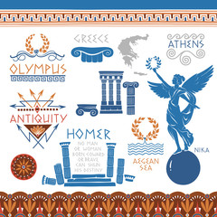 Ancient Greek Culture Vector Illustrations. National Symbols, Ornaments and Tag Decorations