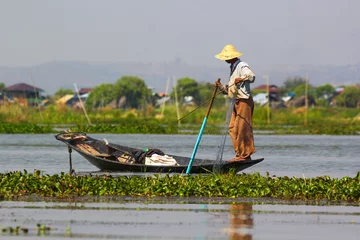 Foto op Canvas The famous fishermen of Inle Lake, Myanma, working at sunrise © nelasova