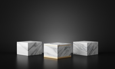 White marble geometric podium with dark black background. 3d rendering - illustration.