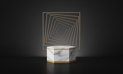 luxury marble geometric podium in dark black background. 3d rendering - illustration.