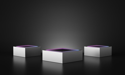 Sliver podium with purple neon light in dark room. Technology and modern concept. 3d rendering - illustration.