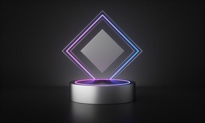 Sliver podium with purple neon light in dark room. Technology and modern concept. 3d rendering - illustration.