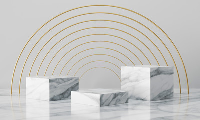 White geometric marble podium with bright background. Product presentation. 3d rendering - illustration.