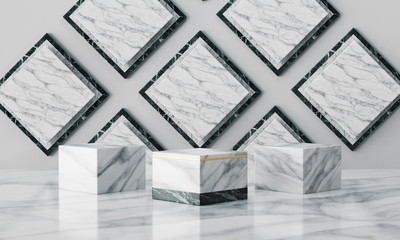 White geometric marble podium with bright background. Product presentation. 3d rendering - illustration.