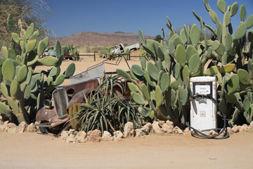 stara opuszczona stacja benzynowa porośnięta kaktusami i wrak samochodu na afrykańskich bezdrożach - obrazy, fototapety, plakaty